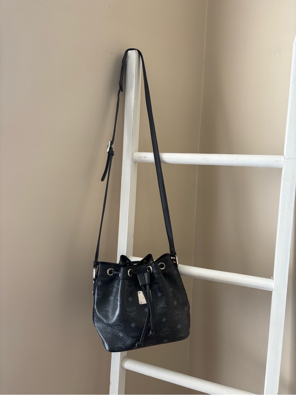 MCM Black Monogram Bucket Drawstring Crossbody